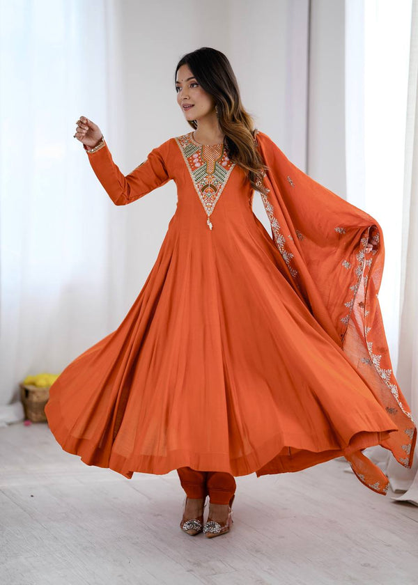 Stunning Long Orange Dress with Embroidery
