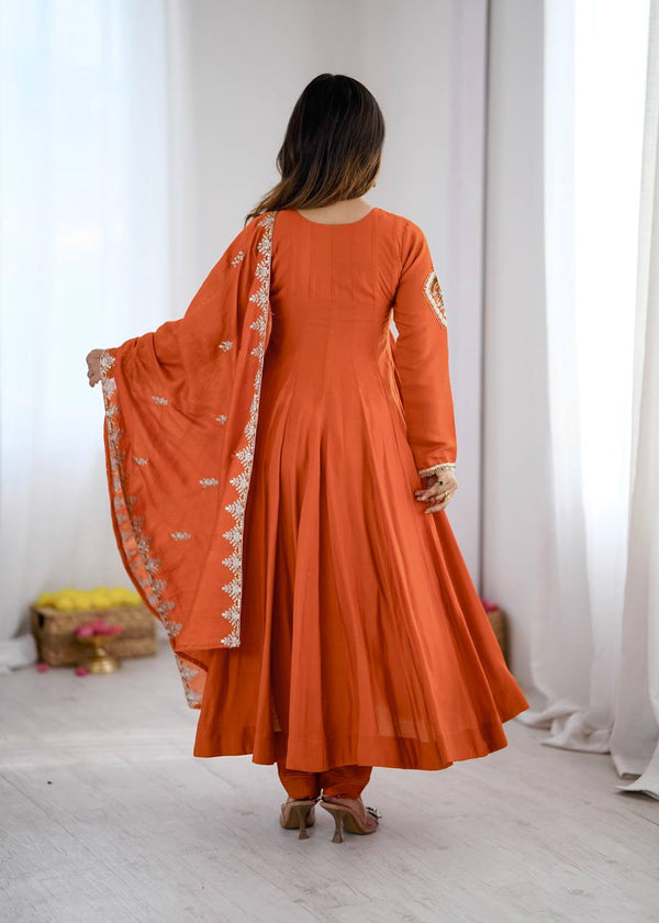 Stunning Long Orange Dress with Embroidery