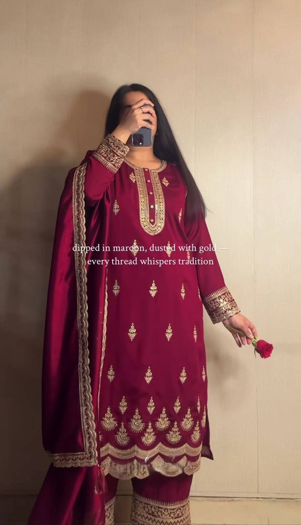 Luxurious Maroon Suit Set with Dupatta