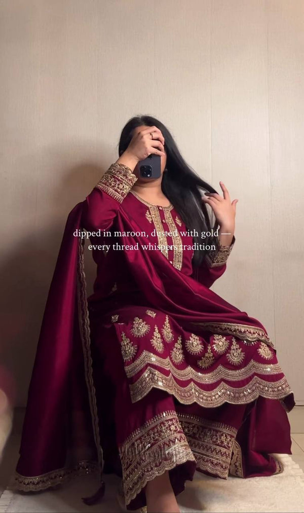 Luxurious Maroon Suit Set with Dupatta