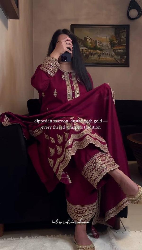 Luxurious Maroon Suit Set with Dupatta