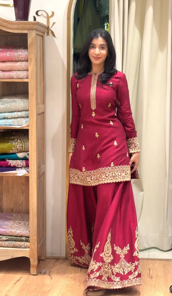 Luxury Red Designer Sharara Palazzo Suit Set