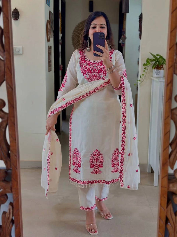 Stylish White Ensemble with Floral Accents