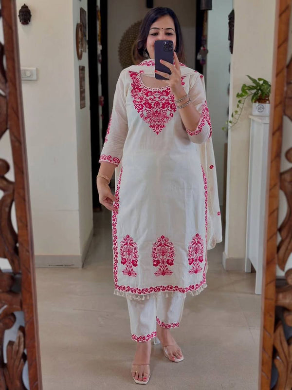 Stylish White Ensemble with Floral Accents