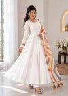 Elegant White Anarkali with Striped Dupatta