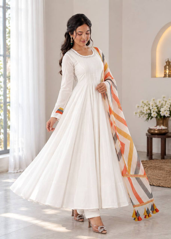 Elegant White Anarkali with Striped Dupatta