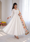 Elegant White Anarkali with Striped Dupatta