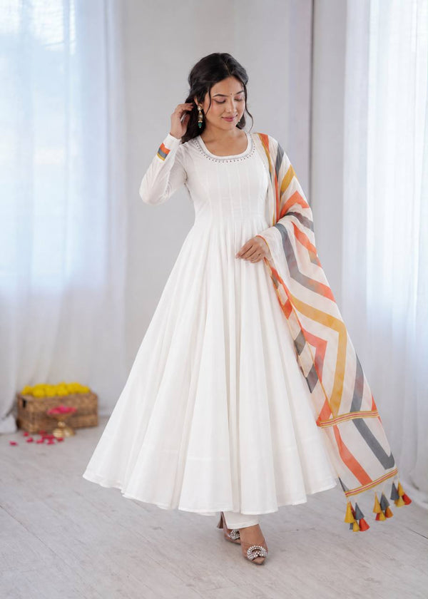 Elegant White Anarkali with Striped Dupatta