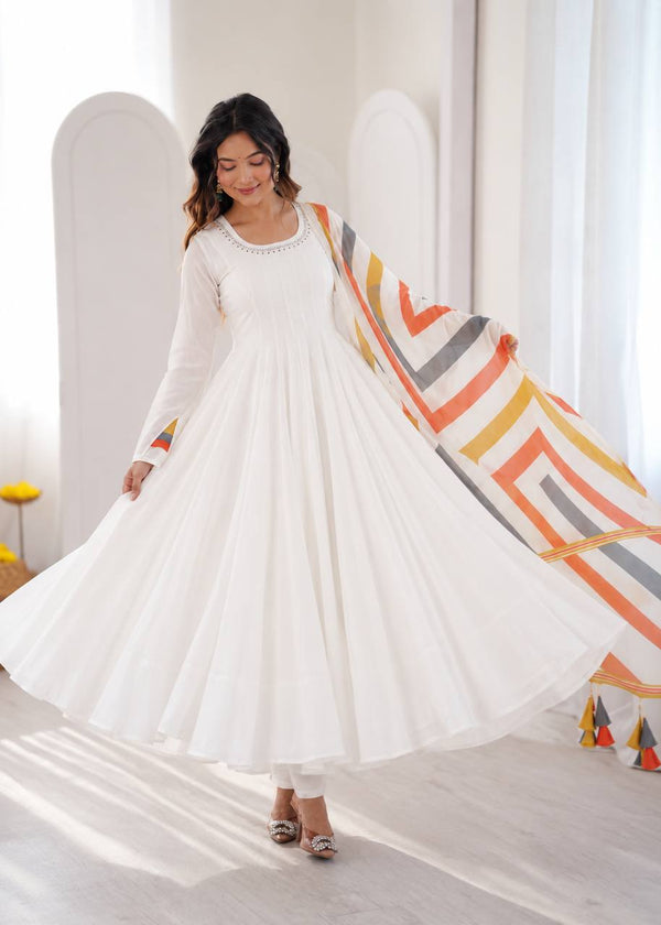Elegant White Anarkali with Striped Dupatta