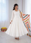 Elegant White Anarkali with Striped Dupatta