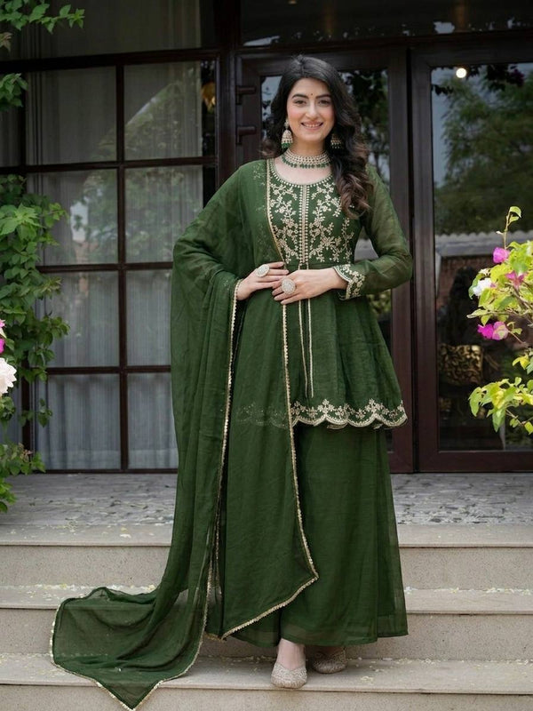 Graceful Green Suit Adorned with Gold Embroidery