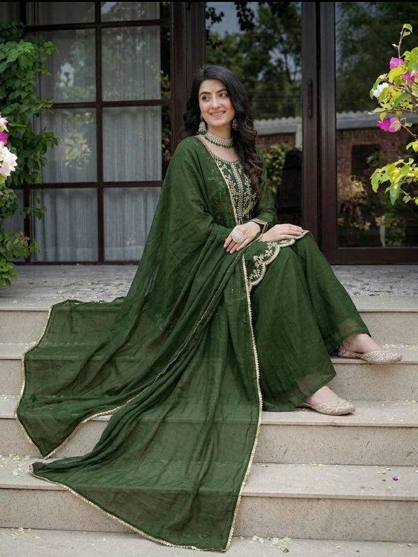 Graceful Green Suit Adorned with Gold Embroidery
