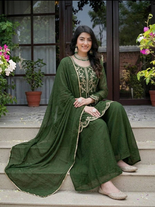 Graceful Green Suit Adorned with Gold Embroidery