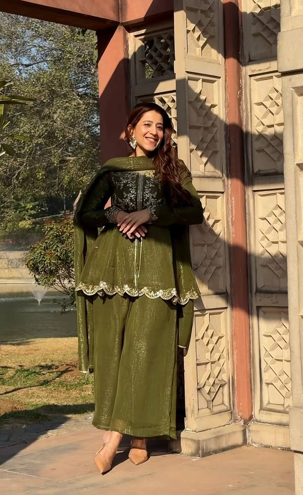Graceful Green Suit Adorned with Gold Embroidery