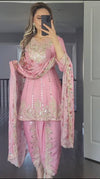 Pink Colour New Party Wear Look Top Dhoti and Print Dupatta Set