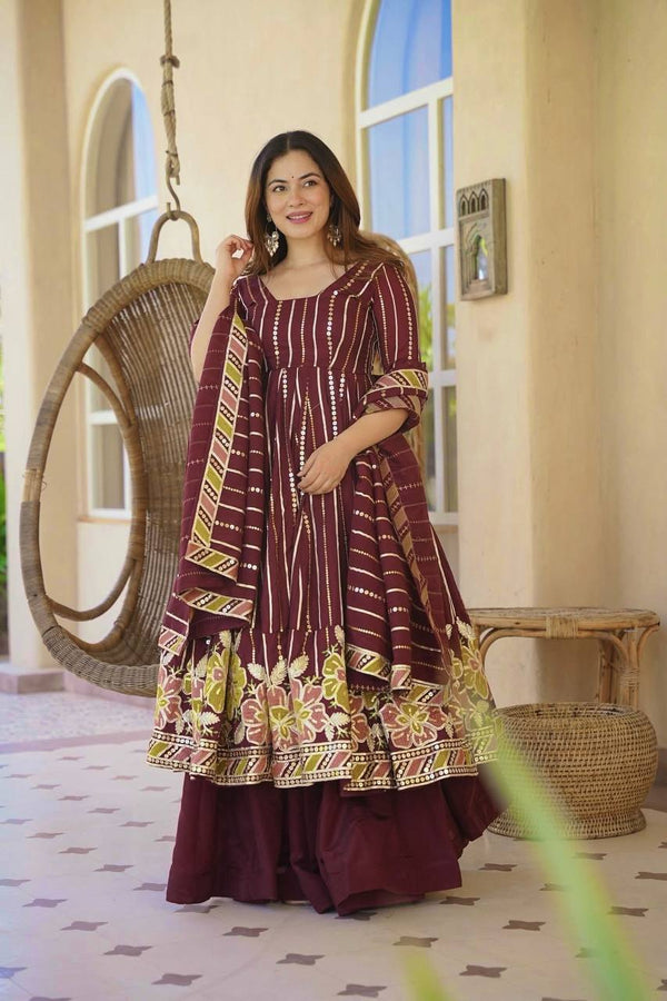 Women's Festive Maroon Anarkali Ensemble