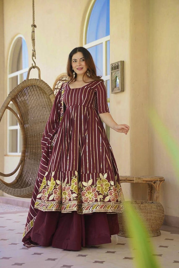 Women's Festive Maroon Anarkali Ensemble