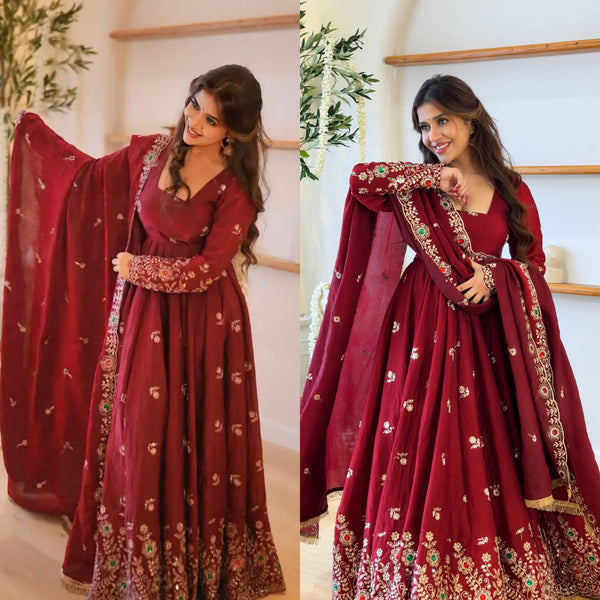 Luxurious Maroon Embroidered Anarkali Design