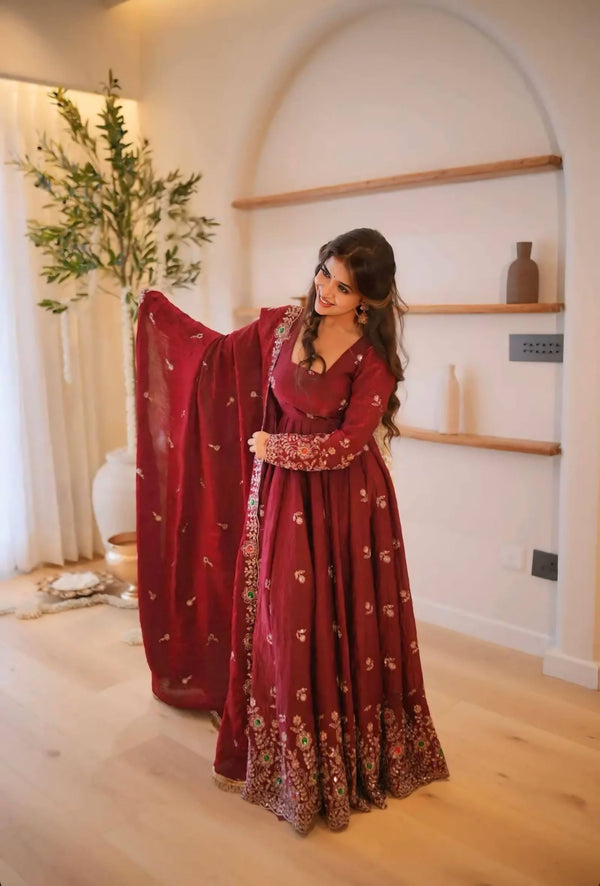 Luxurious Maroon Embroidered Anarkali Design
