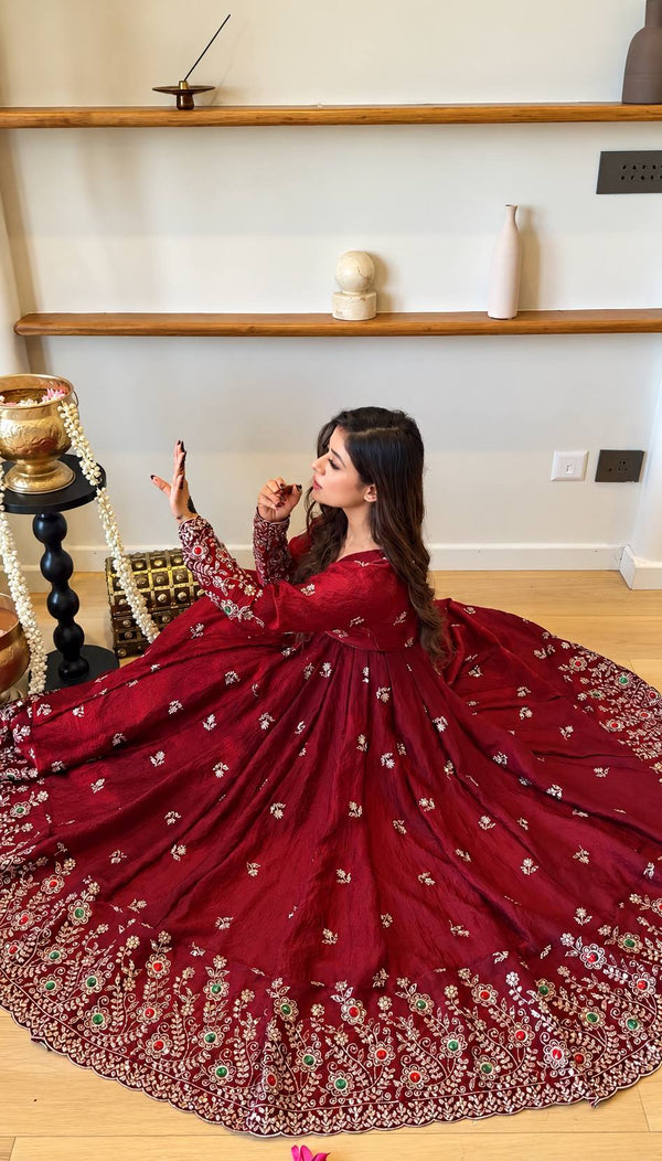 Luxurious Maroon Embroidered Anarkali Design