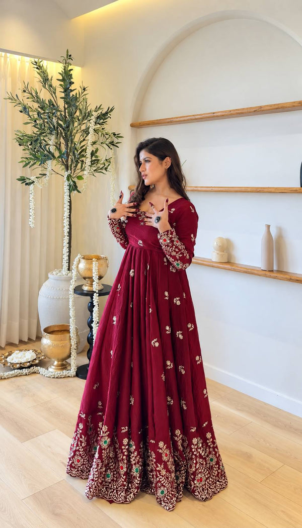 Luxurious Maroon Embroidered Anarkali Design