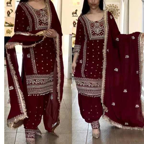 Majestic Allure: Embroidered Maroon Suit Design