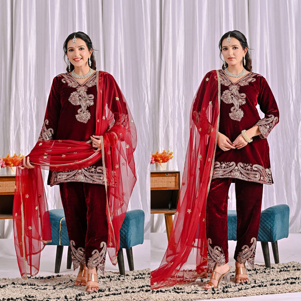 Luxurious Maroon Velvet Embroidered Ensemble