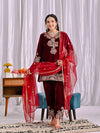 Luxurious Maroon Velvet Embroidered Ensemble