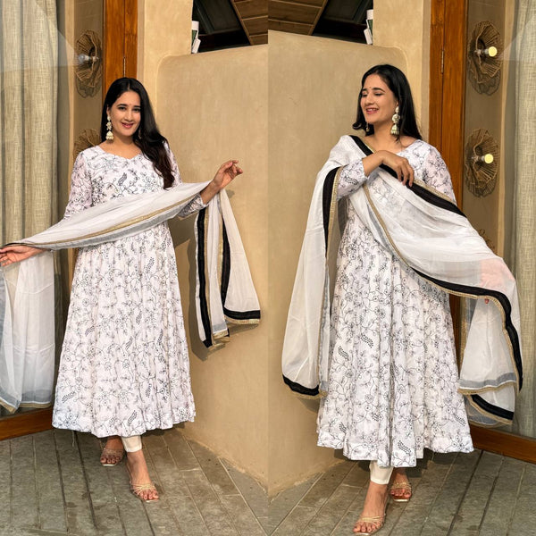 Timeless Charm: Printed White Anarkali