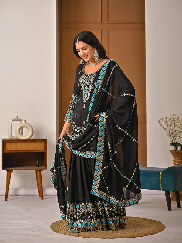 Regal Fusion: Black and Blue Embroidered Ensemble