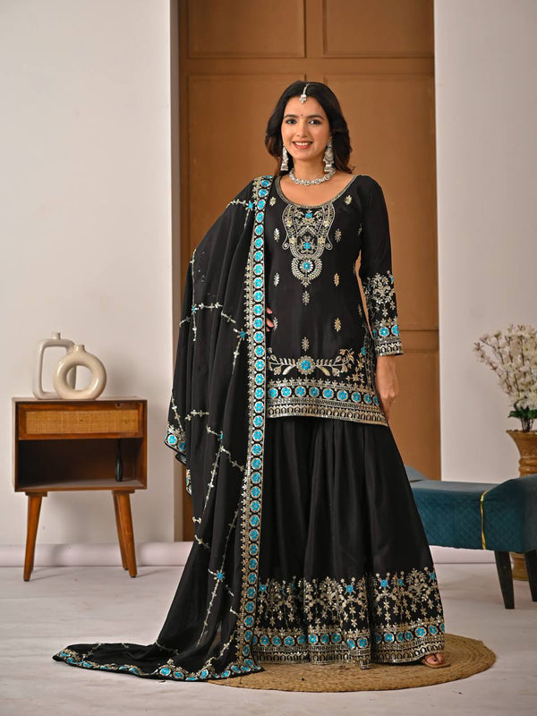 Regal Fusion: Black and Blue Embroidered Ensemble