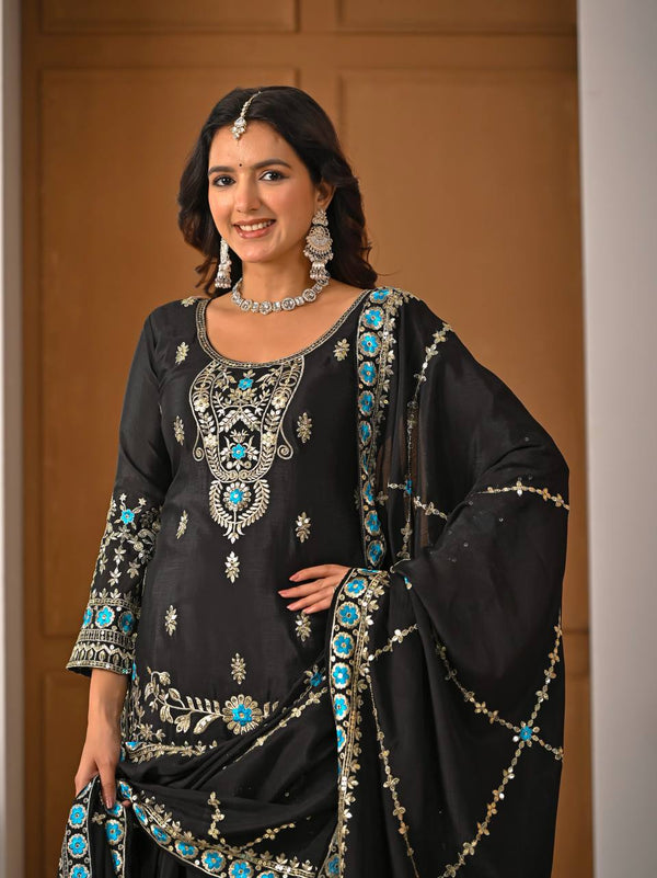 Regal Fusion: Black and Blue Embroidered Ensemble