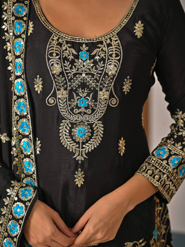Regal Fusion: Black and Blue Embroidered Ensemble