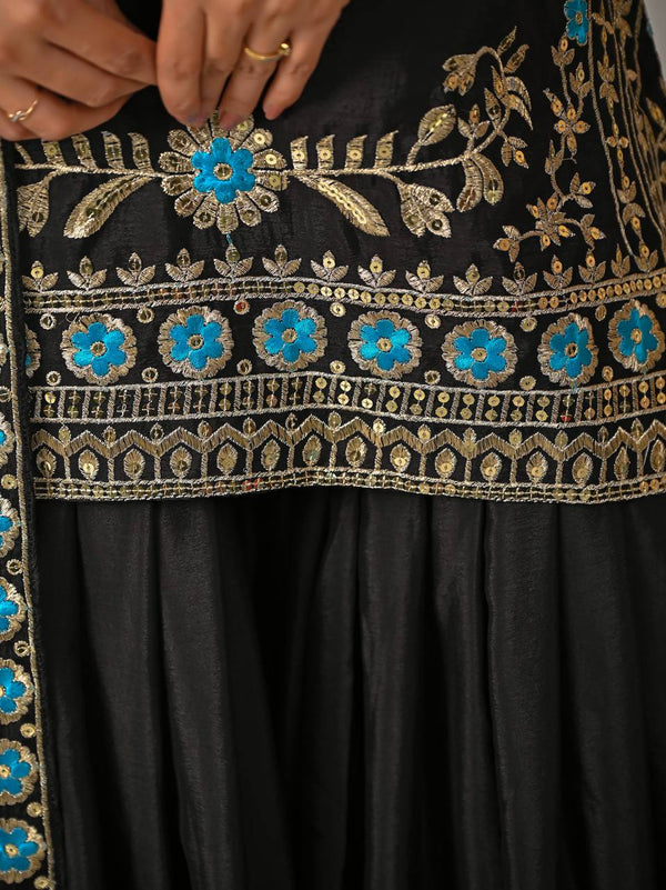 Regal Fusion: Black and Blue Embroidered Ensemble