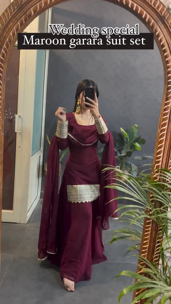 Maroon Garara Suit Heavy Star Georgette Silk Embroidery Work Sharara Suit