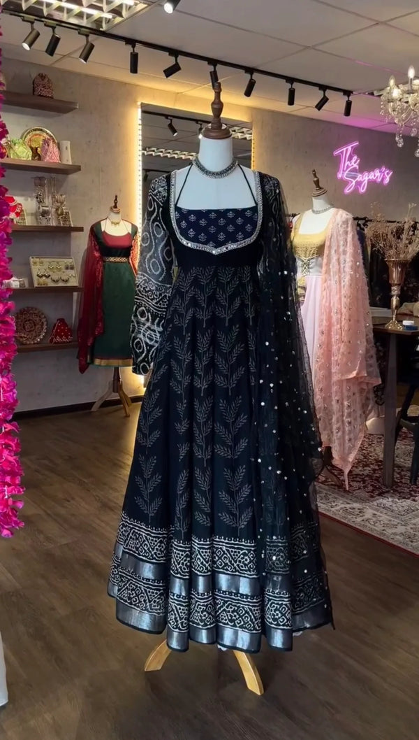 Classic Neavy Blue Print Muslin Cotton Anarkali Set