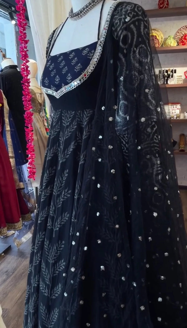 Classic Neavy Blue Print Muslin Cotton Anarkali Set