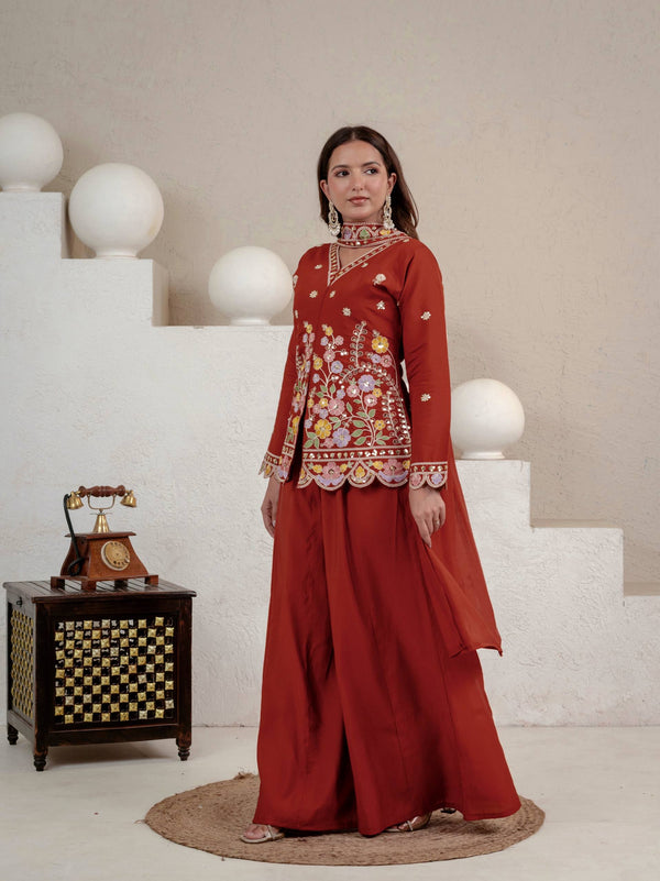 Designer Rust Embroidered Palazzo Suit Set