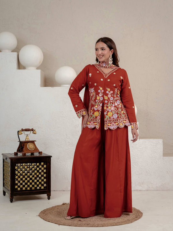 Designer Rust Embroidered Palazzo Suit Set