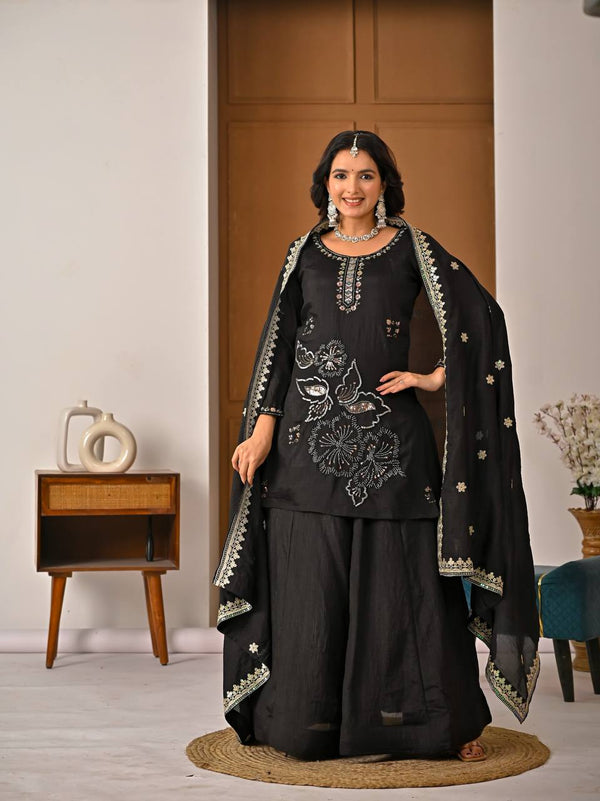 Black Traditional Top Palazzo with Dupatta