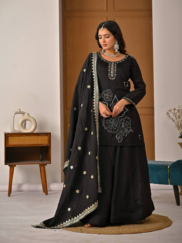 Black Traditional Top Palazzo with Dupatta