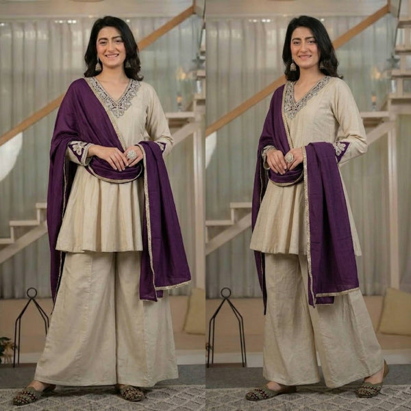 Premium Cream Kurta Palazzo Set with Purple Dupatta