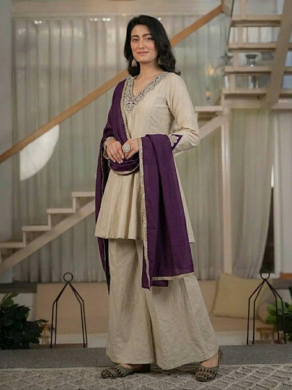 Premium Cream Kurta Palazzo Set with Purple Dupatta