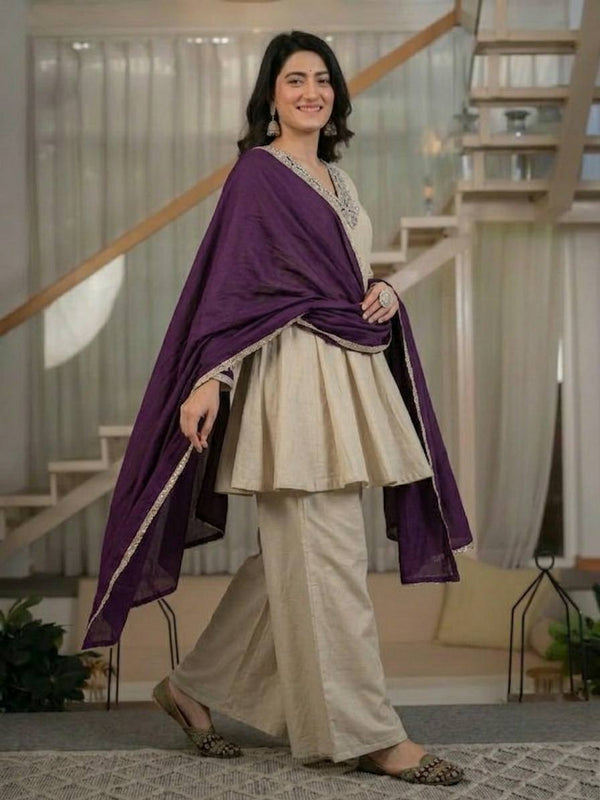 Premium Cream Kurta Palazzo Set with Purple Dupatta
